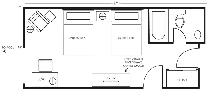 Floor-Plan_2QueenPool-Room Deluxe Double Queen room poolside floorplan.