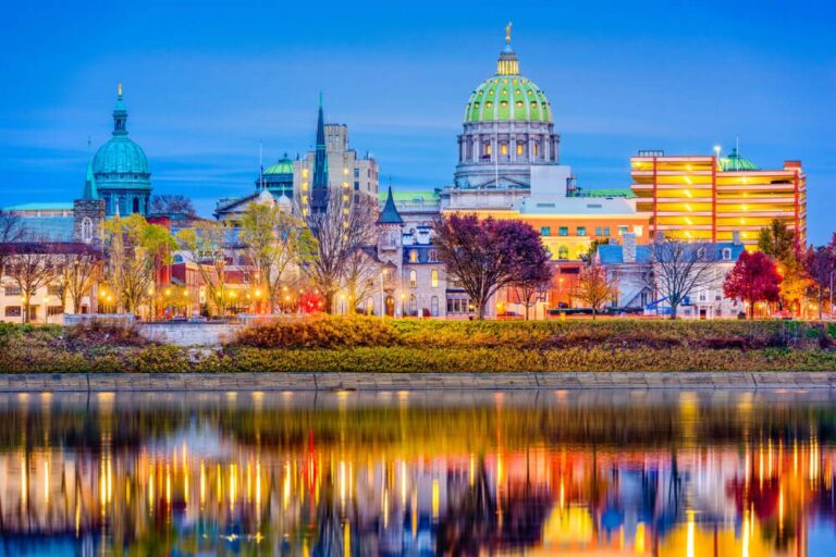 View of the Pennsylvania Capitol Building across the river: one of the top things to do in Harrisburg